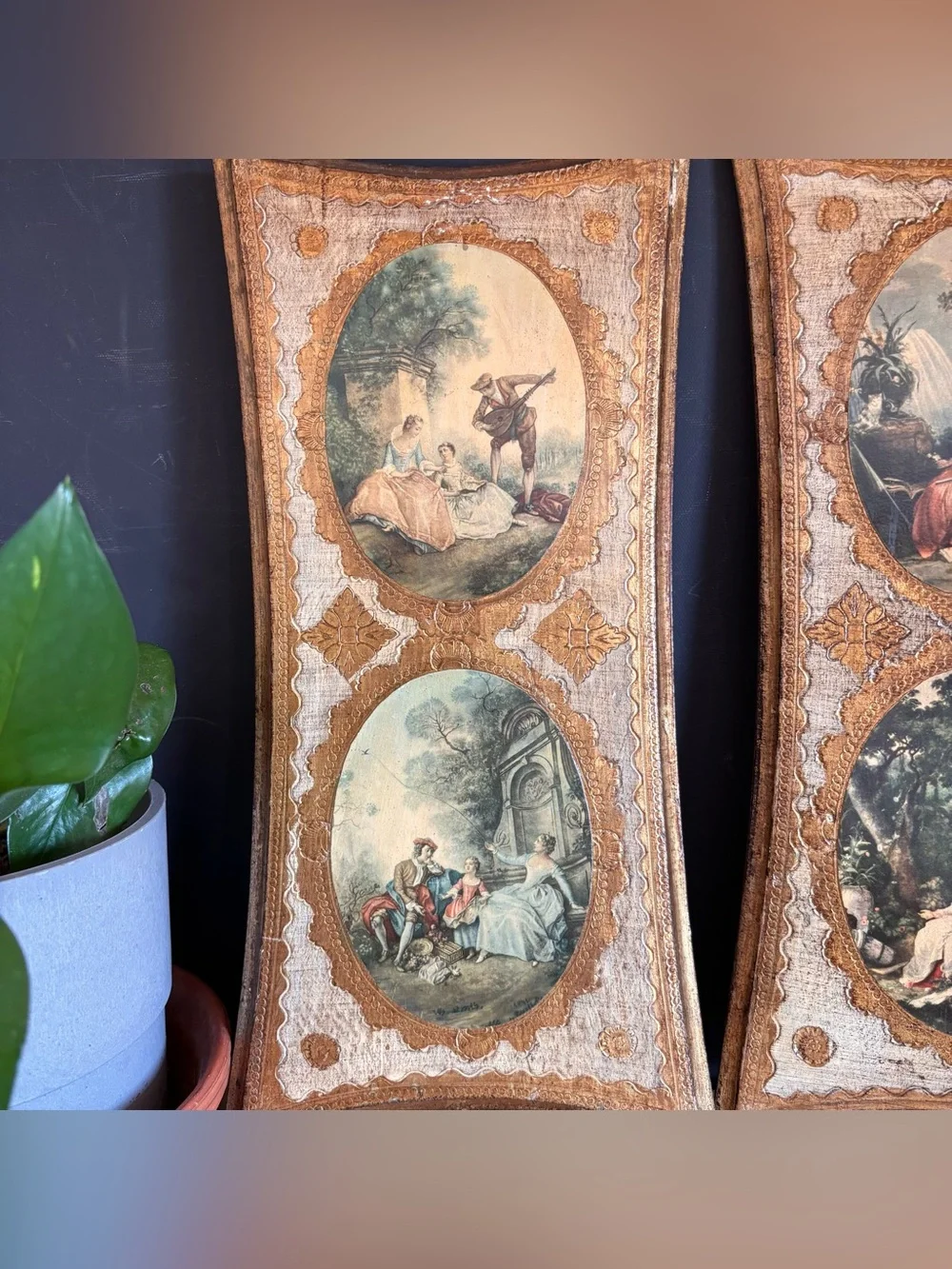 Vintage Italian Florentine Wall Plaque Set Of 2